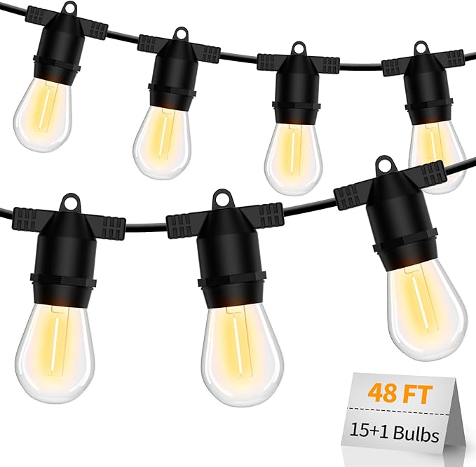 S14 LED Outdoor String Lights, IP65 Waterproof 48FT Outside Patio Lights, Edison Shatterproof Bulb Vintage Backyard Lights, Balcony, Deck, Garden Lights