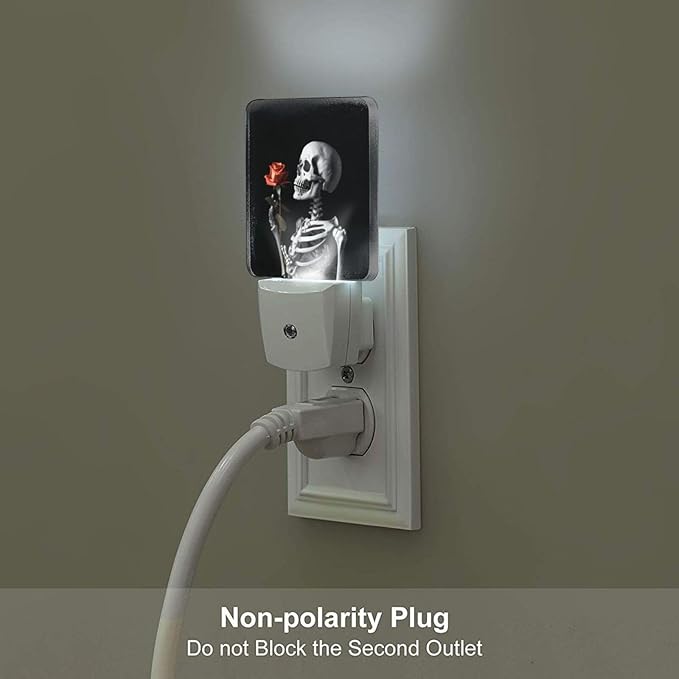 Skull Skeleton Red Rose Night Light Set of 2, Rock and Roll Auto Sensor LED Dusk-to-Dawn Nightlights, Plug-in Sensor Lamp for Bedroom Bathroom Kitchen Hallway Stairs Decorative