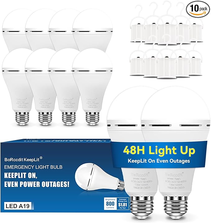 KeepLit 10PK Emergency Rechargeable Light Bulbs, 48H Battery Backup, 3 Brightness Levels, 12W 65W Equivalent A19 LED Bulbs Auto-On During Power Outage for Hurricane, Emergency Use (Daylight)