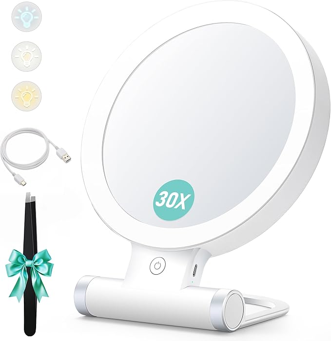 Magnifying Travel Makeup Mirror with Lights, Double-Sided 1X/30X Magnifying Mirror, 3 Color Lighting & Brightness Adjustable, Portable &Foldable Handheld Mirror with Lights(9" L x 7" W)