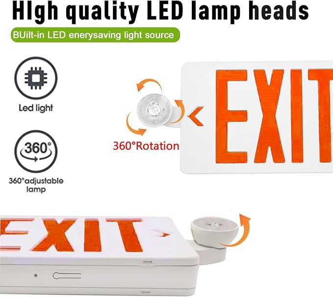 LED Exit Sign with Emergency Lights Dual LED Exit Light,Battery Backup | Two Bright LED Adjustable Heads Emergency Exit Lights, Hardwired Dual LED Combo Exit Lamp. ABS Fire Resistance UL, Red