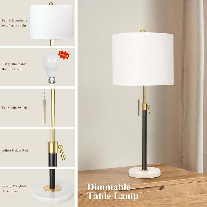 Table Lamps for Bedrooms Set of 2, 22" to 30" Height Adjustable Nightstand Lamps with Linen Shade, Pull Chain Switch Lamps for Living Room, 3 Way Dimmable Bedside Lamp