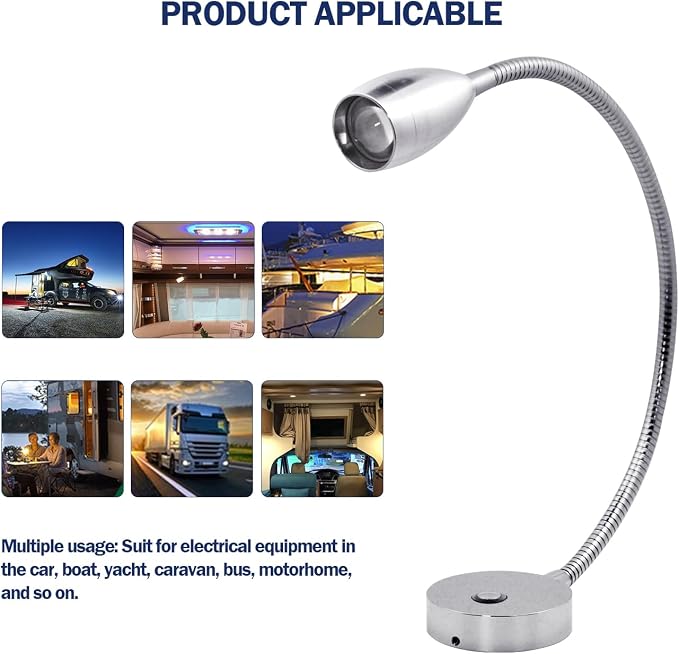 THALASSA 12V RV Gooseneck Reading Lamp with Dimmer Switch - Warm White Interior Lighting for Caravans, Motorhomes, Boats, and Trucks