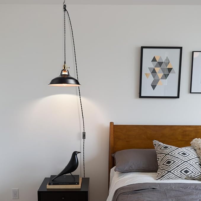 YUBOLE Indsutrial Black Plug in Hanging Lights with 216.5" L Cord | Black & White 10.6"W Shade, E26 Swag Pendant Light with Switch for Kitchen Bedroom Dining Bar Reataurant Cafe Loft