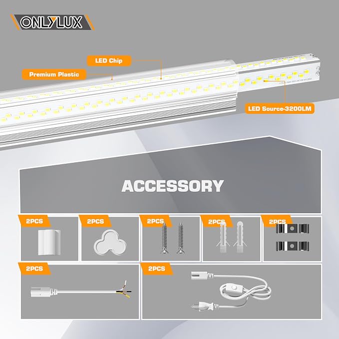 LED Shop Lights, LED Tube Light 25W 6000K(2 Pack) | Garage Lighting, Super Bright, Under Cabinet Lighting, Linkable with Plug Shop Lights for Garage Workbench Workshop Basement