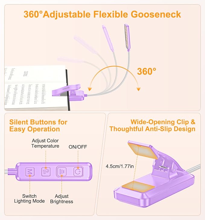 Gritin 2026 Gen 2 Book Light for Reading- 30 Eye Caring Full Spectrum LED | 5 Colors & 5 Brightness, Adjustable Wide/Narrow Beam, Upgrade 1500mAh Long-Lasting Rechargeable Clip on Light-Purple