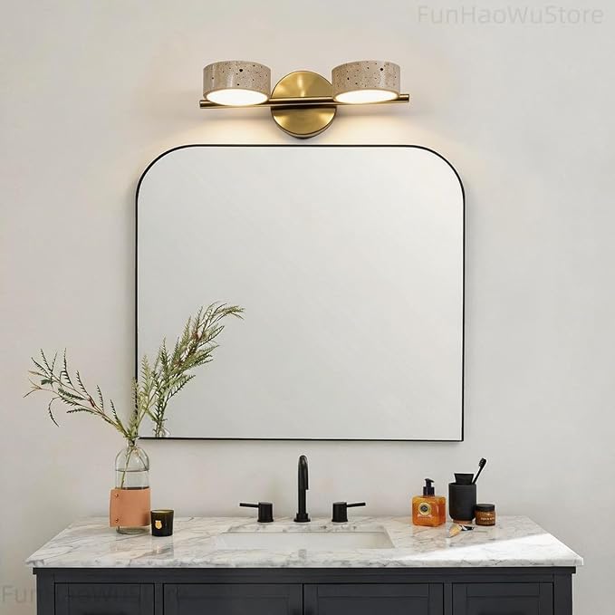 Led Bathroom Lighting Fixtures Over Mirror with 2 Travertine Shades,Vanity Lights Wall Lamp, 180° Rotatable Stone Lampshades Bathroom Lights, Modern Farmhouse Stone Sconces Gold