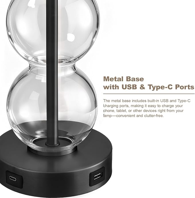 25" Glass Table Lamps Set of 2, Black Modern Table Lamps with USB Ports for Living Room, Linen Shade Bedside Lamps for Bedroom, Nightstand, Side Table (Bulbs not Included)