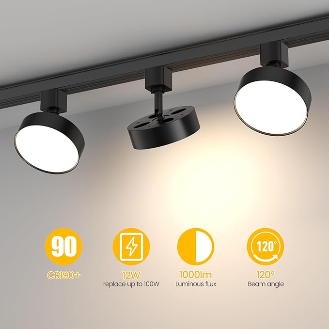 Diffuse LED Track Lighting Heads H Type Track Light Heads Dimmable Kitchen Track Lighting Fixtures Ceiling, Compatible with H Track Rails - Flicker Free CRI90+ 4000K 12W 1000lm, 6 Pack Black
