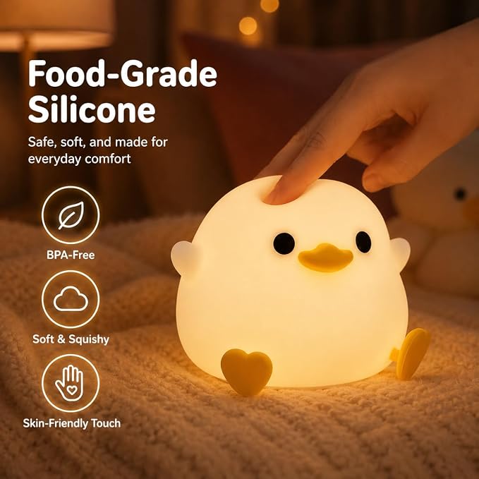 Ding Ding Duck Night Light, LED Squishy Novelty Animal Night Lamp, Food Grade Silicone 3 Level Dimmable Nursery Nightlight for Desk Decor, Funny Gifts Stuff for Boys Girls Baby, White Elephant Gifts
