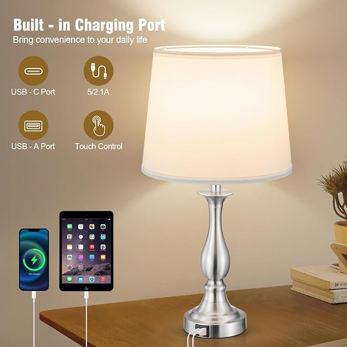 Bedside Table Lamp Touch Control Bedroom Lamps with USB A + C Charging Port 3 Way Dimmable Touch Lamps for Nightstand Living Room Bedroom Dorm Home Office Reading, Set of 2 (White Shade & Nickel Base)