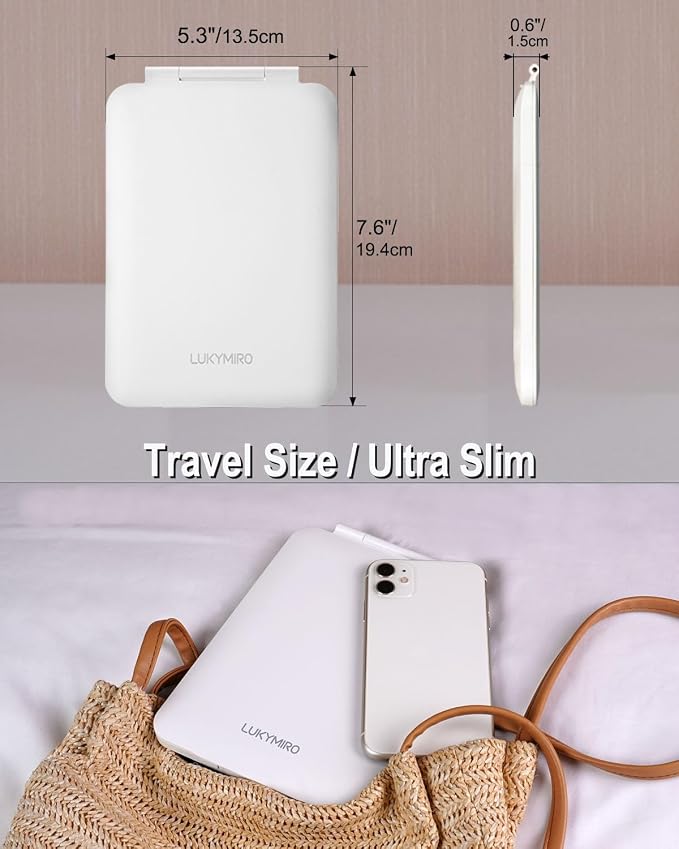 Travel Mirror with Light,7x5 inch Rechargeable Portable Lighted Makeup Mirror,3 Color Lighting Adjust Brightness,Tabletop Folding LED Compact Mirror