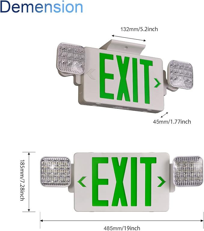 GZRUIYANG Exit Sign with Emergency Lights Green, LED Emergency Exit Light with Battery Backup, UL 924 Certified, AC 120/277V, Commercial Emergency Lights Combo with Plug, Green