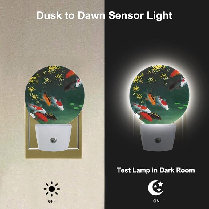 Fancy Carps in Pond Night Lights Plug into Wall Golden Red Fishes Night Light Dusk to Dawn Sensor LED Lighting for Bedroom Bathroom Living Room, 0.5W Sleep Friendly
