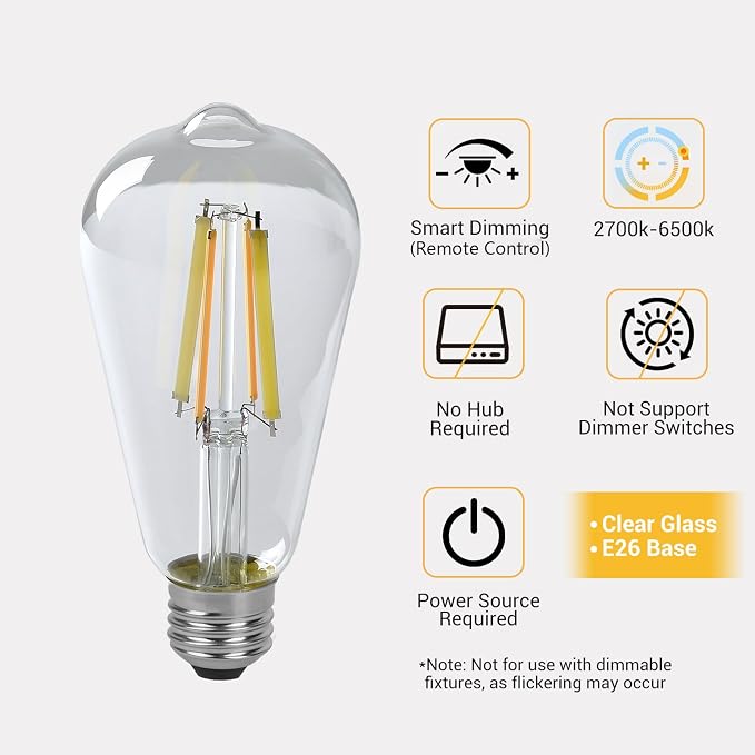 Smart LED Light Bulbs,Remote Control Light Bulb,ST64 Vintage Edison Bulbs with Remote Control,800LM 6W (60W Equivalent),E26 Base,Dimmable 2700K-6500K, 2-Pack(2 Bulbs+1 Remote)