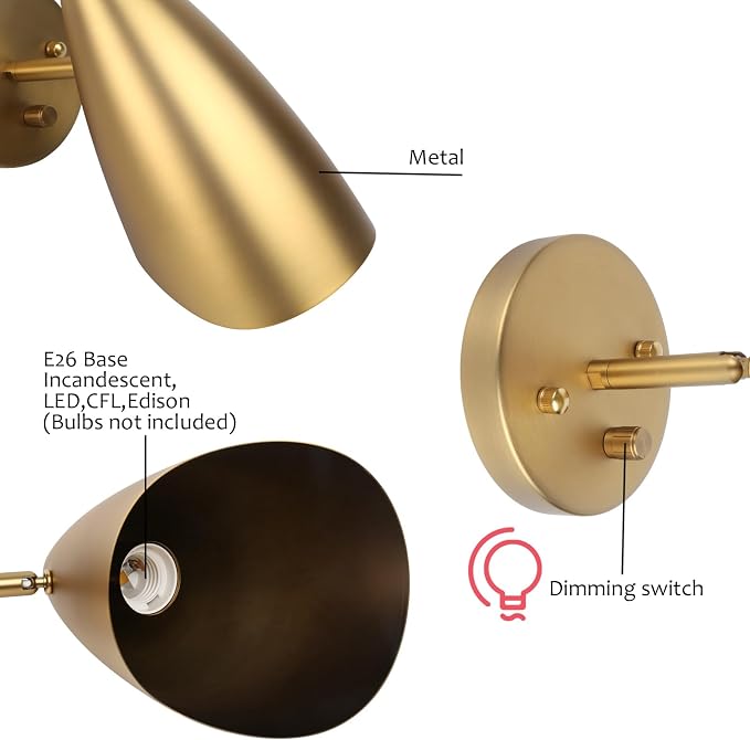 Modern Wall Sconce with Dimmer Switch, Brass Metal Wall Lamp Lighting, Adjustable Light Angle, E26 Bulb Base Reading Lighting for Wall Painting Bedroom Hallway Living Room Dining Room