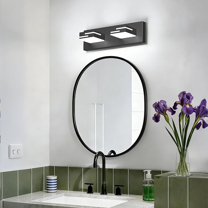LED Modern Bathroom Vanity Light Fixtures, Dimmable Matte Black Vanity Lights for Bathroom Lighting Fixtures Over Mirror, with 360° Rotatable Acrylic Heads 2-Light 16-inch (Cool White 6000K)