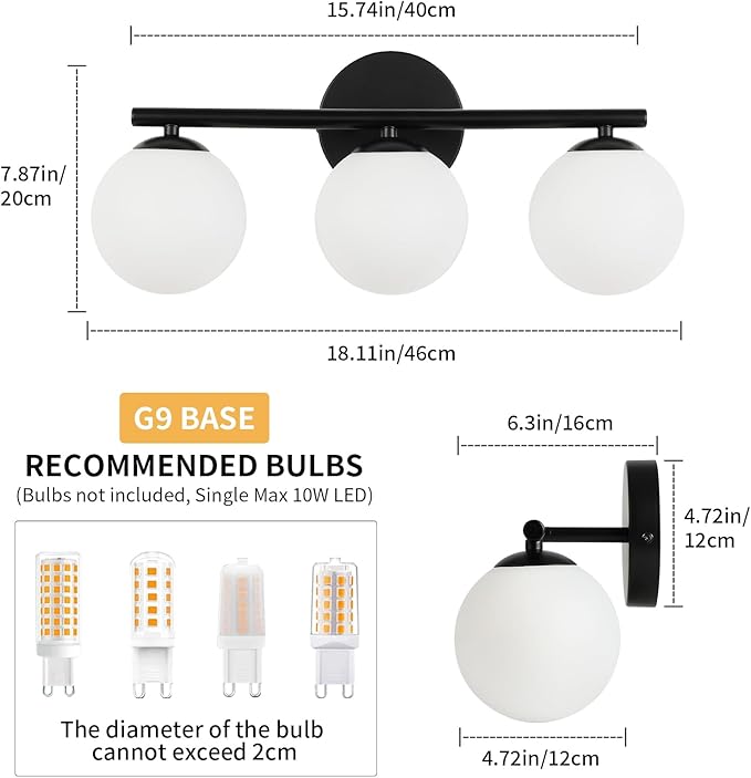 Black Globe Bathroom Light Fixtures 3-Light Vanity Light with Plastic Milk White Globe Shades 11.81 inch Wall Sconce Lighting Over Mirror, Vanity Lights for Bathroom Bedroom Hallway
