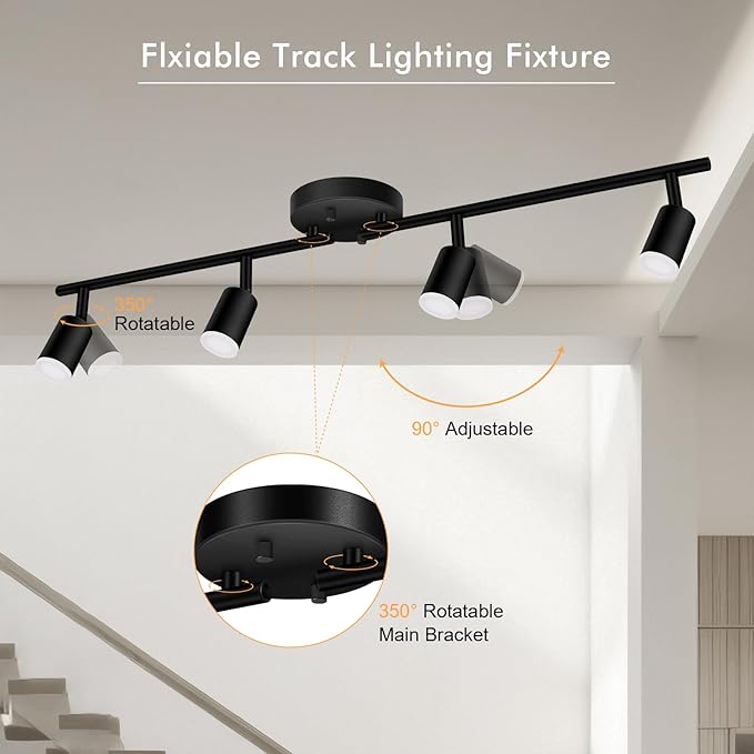 4 Light Track Lighting Fixtures Ceiling, 16W/2700K Black Track Lighting with Acrylic Lampshade & Rotatable Light Heads, 20000hrs Lifespan, Modern LED Track Lights Ceiling for Kitchen/Hallyway
