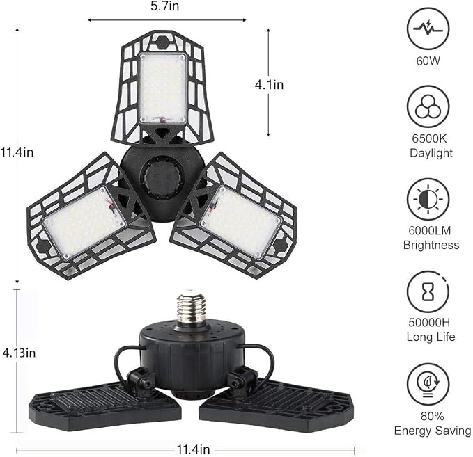 LED Garage Lights - 6000 Lumen 6500K Daylight 60W, Three Leaf Led Garage Ceiling Lights, Pack of 2