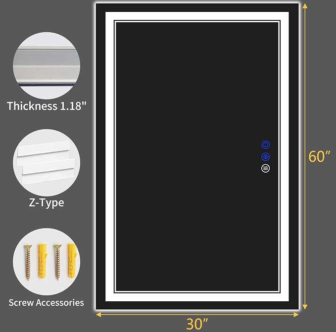 60"x30" LED Bathroom Mirror with Lights,Anti-Fog,3 Color Modes