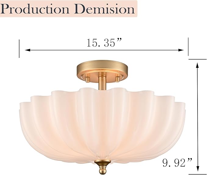Modern Gold Semi Flush Mount Ceiling Light with Milky Flower Glass | Brushed Brass Ceiling Light with Scalloped Shade Close to Ceiling Light Fixture for Living Room Bedroom Entryway
