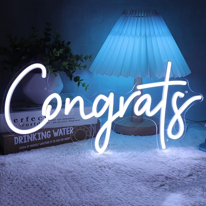SYLHOME Congrats LED Neon Light Sign for Wedding Birthday Party Graduation Background Wall Decor Sign Celebration Banquet Light Up Sign 15.75" X 7.4" USB Indoors Cold White