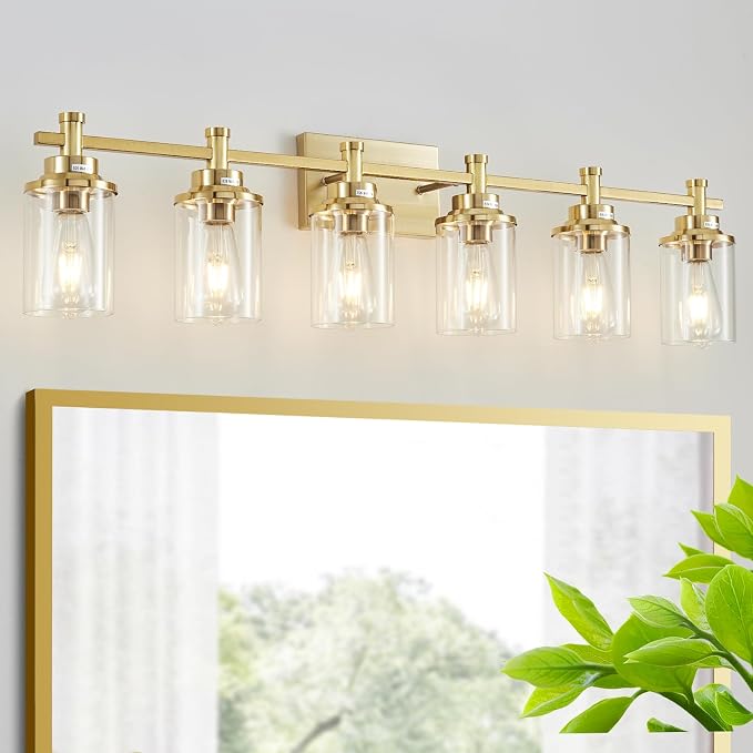 Brushed Brass 6-Light Vanity Light Fixtures with Clear Glass Shades Over Mirror for Bathroom, Living Room, Hallway