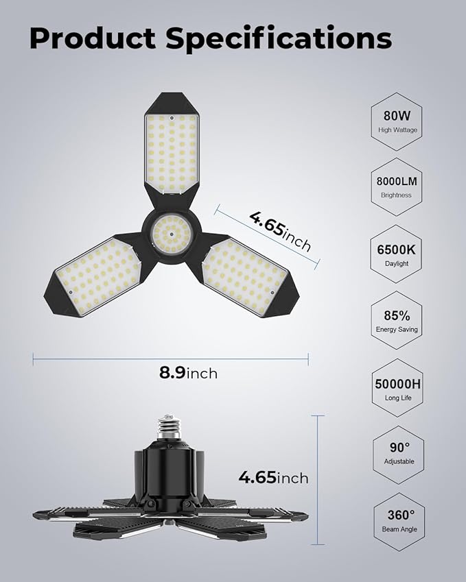 LED Garage Light Bulbs 4 Pack, 8000LM Shop Lights with 3+1 Deformable Panels, 6500K Screw in Ceiling Lights for Garage, Workshop, Workbench, Basement