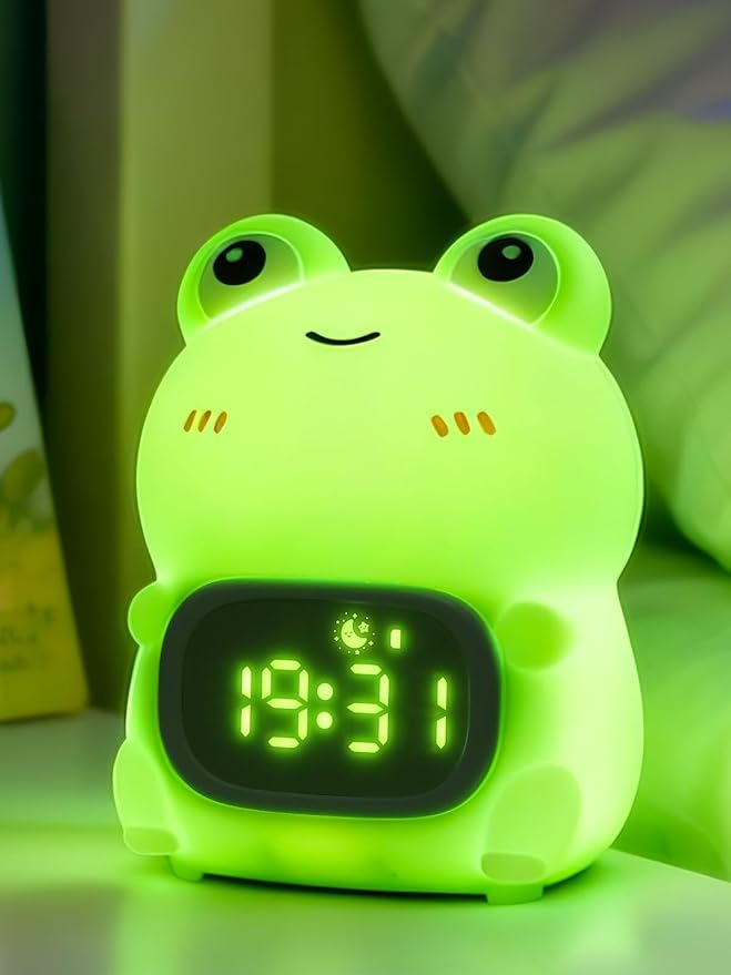 Frog Alarm Clock with Night Light for Kids, Silicone Cute Toddler Wake Clock, Rechargeable 7 Colors RGB & Warm Light, Sleep Companion for Boys Girls