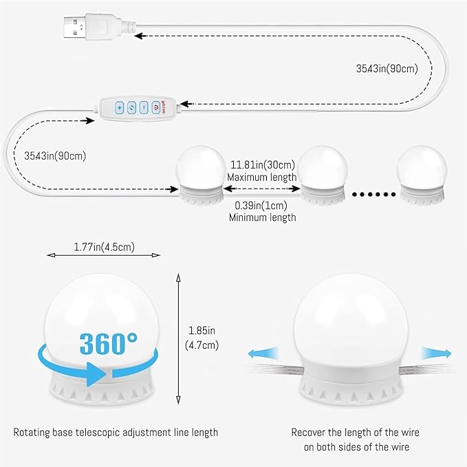 LED Makeup Mirror Light Hollywood Style Vanity Lights USB Fill Light Adjustable Color and Brightness Suitable for Full-Length Mirror, Dressing Room, Dressing Table Set (No Mirror Include) (12 Bulbs)