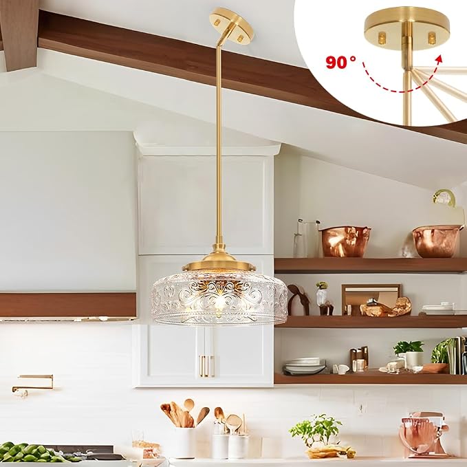 3-Light Adjustable Pendant Lights Kitchen Island, Gold Brushed Metal & Clear Glass Ceiling Pendant Light, Vintage Brass Drop Lights for Bathroom, Hallway, Convertible Ceiling Mount Or Hanging Fixture