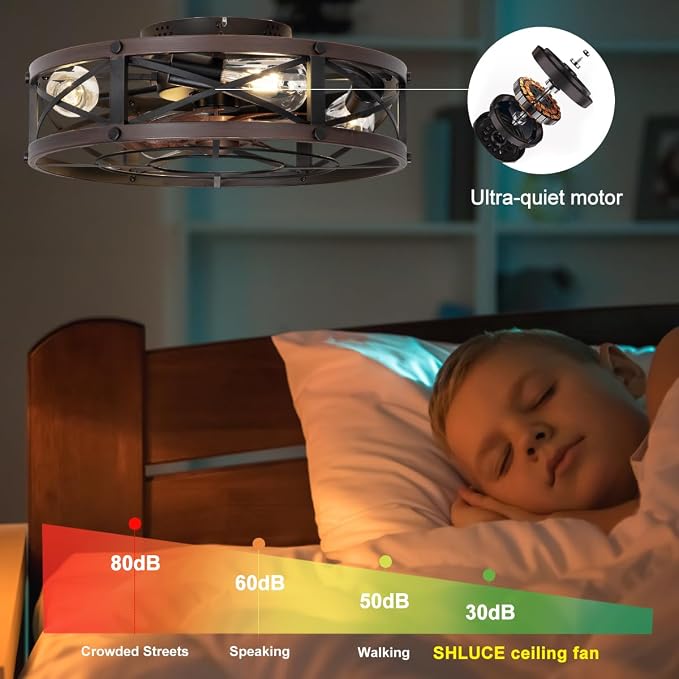 SHLUCE 19" Caged Low Profile Ceiling Fan with Light, Farmhouse Small Flush Mount Ceiling Fans with Lights and Remote, Rustic Bladeless Ceiling Fan with Light for Bedroom, Kitchen, Brown - ETL