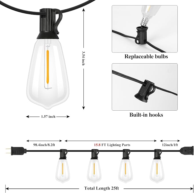 25FT Outdoor String Lights 13 Bulbs, 2200K Amber Lights | 1 Spare ST38 Edison Bulb Dimmable, Connectable Plug-in LED Patio Lights for Outsiede, Cafe, Wedding, Christmas