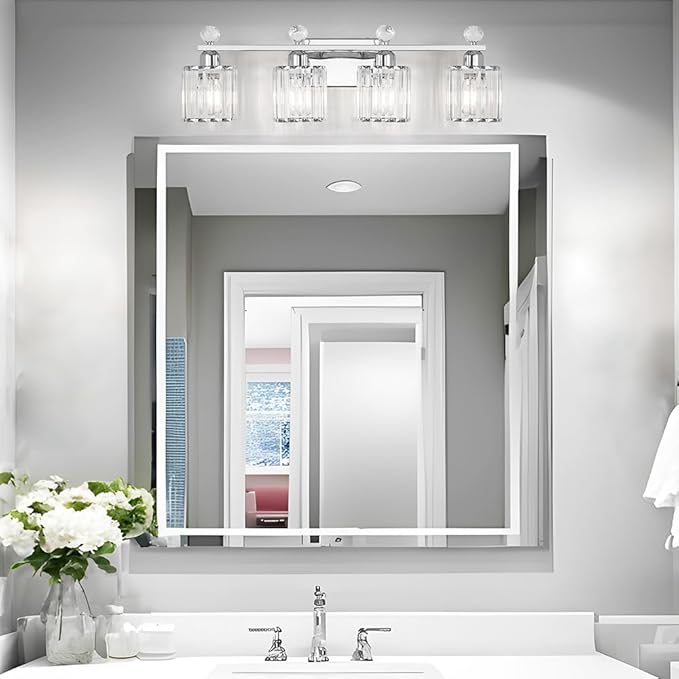 Bathroom Vanity Lights Over Mirror - Easy Installation with Clear Guide, 4-Light Shadow-Free Design, Chrome Crystal Finish - for Modern Home Bathroom Lighting Fixtures in DIY Projects