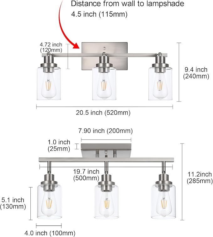 MELUCEE 3 Light Bathroom Vanity Light Brushed Nickel Track Lighting Ceiling | Wall Light Fixtures with Rotatable Track Head for Hallway Porch Foyer Bath Storage, 20.5 Inch, Clear Glass Shade