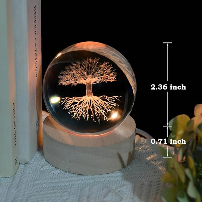 3D Tree of Life Crystal Ball 60mm Life Tree Globe Decor Tree Life Sphere Glass Decorative Ball Tree of Life Gifts for Women with Colorful Light Base