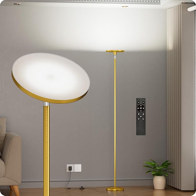 Dimmable Floor Lamp with Remote，Floor Lamps for Living Room Bedroom Office，Adjustable Brightness (10%-100%) and Color Temperature (3000k- 6000k)，Standing Lamp Tall Lamp with Foot Switch (Gold)
