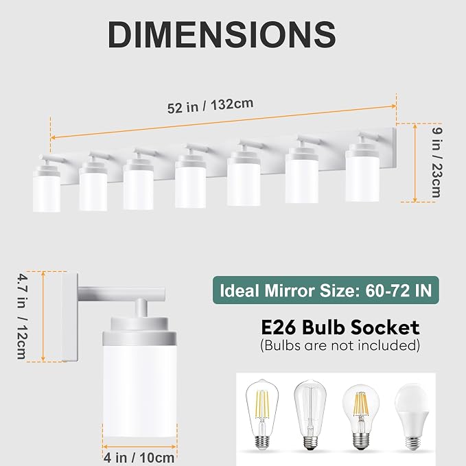 IZORRO Bathroom Vanity Light Fixture, 7-Light 52 inch White Bathroom Light Fixtures Over Mirror, with White Glass Shade, Modern Farmhouse Vanity Lights, Rustic Restroom Lighting Fixtures