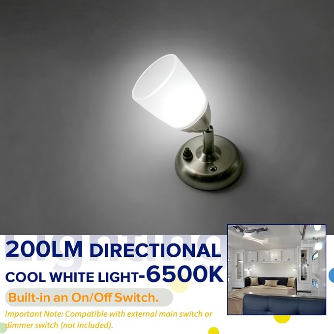 RV Reading Light LED RV Lights Interior with Switch 12v Wall Mount Light Compatible with Trailer Cargo Van Camper Lights for Inside 3W 200 Lumens 6500K Cool White Bedroom Lighting, 2-Pack