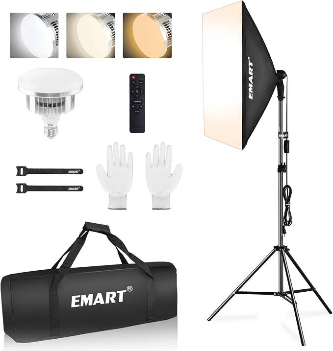 EMART Softbox Lighting Kit, 85W 20"x28" Softbox for Photography Light 1Pack | 3000K-6500K LED Bulbs with Remote, 75" Tripod, Professional Photography Lighting for Studio Lights, Portrait, Video Recording