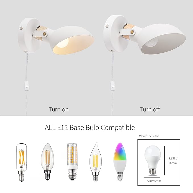 Aisilan Modern Wall Sconce with Plug in Cord and On Off Switch 5W E12 Bulb Matte White Swivel Wall Light for Bedside Living Room Corridor Hotel 3000k White