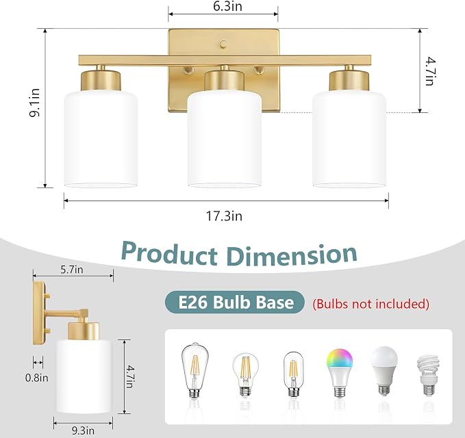 Gold Bathroom Light Fixtures Vanity Lighting Over Mirror | 3-Light Modern Wall Sconces with Milky White Frosted Glass Shades for Restroom (E26 Socket)
