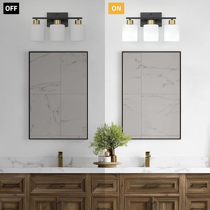 WILON Bathroom Light Fixtures Over Mirror, 3 Light Black and Gold Vanity Light, Wall Sconces with White Milky Glass Lamp Shades,E26 Bathroom Vanity Light (Bulbs Not Included)