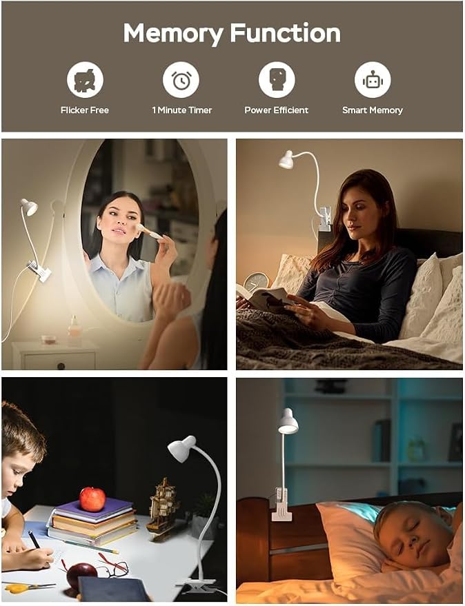 Clip on Lamp USB Reading Light, 3 Color Modes, White | 10 Brightness Dimmable, 360° Flexible Desk Lamp with Clamp, Eye Care Clip on Light for Bed Desk Headboard Home Dorm