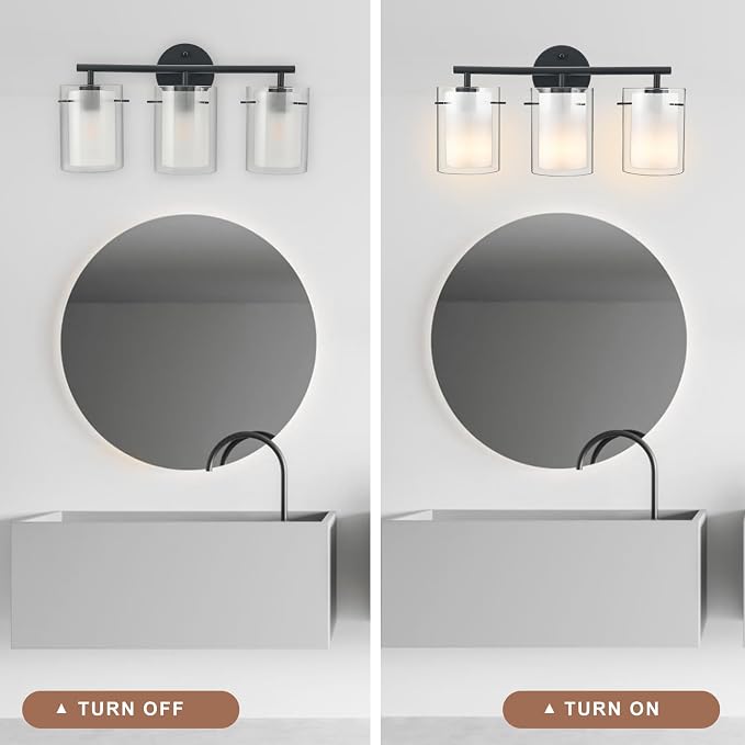 Matte Black Bathroom Light Fixtures Over Mirror with Dual Glass Shades, Modern 3-Light Vanity Lights, 20in Vanity Light Fixtures Above Mirror, Vanity Lights for Bathroom