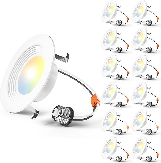 Amico 4 Inch 5CCT LED Recessed Lighting 12 Pack, Dimmable, Damp Rated, 9W=60W, Can Lights with Baffle Trim, Retrofit Installation, ETL&FCC, White
