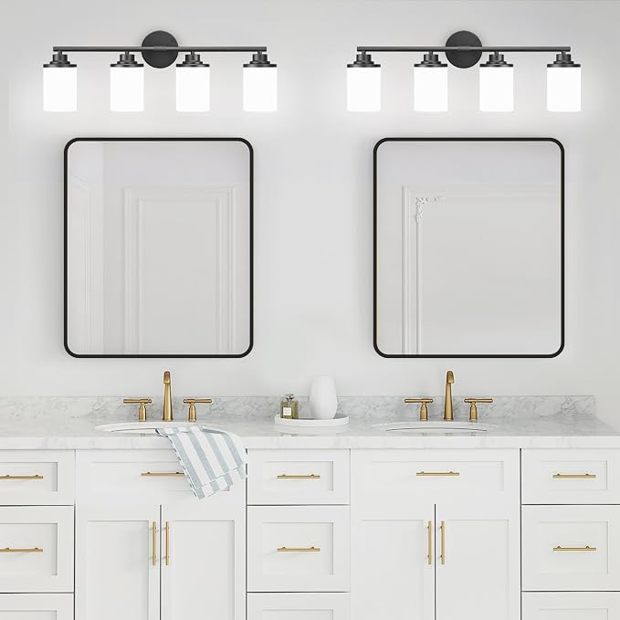 Bathroom Light Fixtures,Matte Black Bathroom Lights,4-Light Vanity Light Over Mirror,Modern Vanity Light Fixture with Frosted Glass