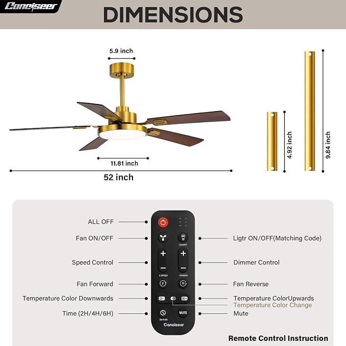 Conciseer 52 Inch Ceiling Fans with Lights and Remote for Bedroom Living Room Kitchen Office, Indoor/Outdoor Use, 6CCT Dimmable, 5 Blades, 6 Speed Reversible Quiet DC Motor, Gold/Wood Grain