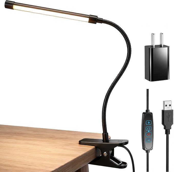 Clip on Reading Light for Books in Bed: Adjustable Dimmable Gooseneck Eye Caring LED Small Desk Table Lamps with Clamp: 3 Modes Lighting Night Lamp for Bed Headboard - Bedside（with Power Adapter）